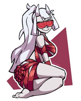 1girl artist_name ass barefoot border bow breasts closed_mouth commentary crossed_legs demon_girl demon_horns english_commentary from_side full_body furrowed_brow goggles helltaker high_ponytail highres horns long_hair looking_at_viewer looking_to_the_side loremaster_(helltaker) medium_breasts messy_hair naked_ribbon outline pale_skin ponytail purple_background red-tinted_eyewear red_background red_bow red_ribbon ribbon ringed_eyes signature sitting smile soles solo tinted_eyewear toes triple_stabber very_long_hair white_border white_hair white_outline wrapped_up yokozuwari