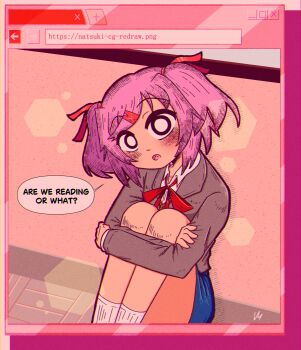 1girl :o ^^^ absurdres blazer blue_skirt blurry blush bob_cut bokeh bow bowtie collared_shirt commentary depth_of_field derivative_work doki_doki_literature_club doki_doki_literature_club_school_uniform dress_shirt english_commentary english_text fake_website fang film_grain filthyhector from_side grey_jacket hair_ornament hair_ribbon hatching_(texture) head_tilt hexagon highres hugging_own_legs jacket looking_at_viewer looking_to_the_side looking_up natsuki_(doki_doki_literature_club) neck_ribbon no_pupils on_floor open_mouth parquet_floor pink_hair pov raised_eyebrows red_bow red_bowtie red_ribbon ribbed_socks ribbon school_uniform screenshot_redraw shirt short_hair sitting skirt socks solo speech_bubble swept_bangs talking two_side_up user_interface watermark web_address white_eyes white_shirt white_socks window_(computing) wooden_floor x_hair_ornament