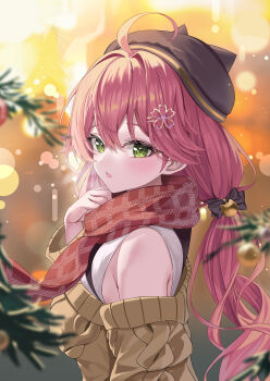 1girl absurdres ahoge animal_hat aran_sweater bell beret black_bow black_hat blurry blurry_background bow breasts cable_knit cat_hat commentary double-parted_bangs green_eyes hair_bell hair_between_eyes hair_bow hair_ornament hairclip hand_up hat highres hololive large_breasts long_hair looking_at_viewer low_twintails mi_ke0224 off_shoulder official_alternate_costume official_alternate_hairstyle open_mouth pink_hair red_scarf sakura_miko sakura_miko_(casual) scarf shirt sleeveless sleeveless_shirt solo sweater symbol-only_commentary twintails upper_body virtual_youtuber white_shirt yellow_sweater