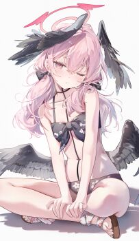 Rule 34 | 1girl, ;/, absurdres, bikini, black bikini, black wings, blue archive, breasts, collarbone, commentary, feathered wings, fingernails, floral print, halo, head wings, highres, indian style, koharu (blue archive), koharu (swimsuit) (blue archive), long hair, looking at viewer, mojo (mojoawa), navel, official alternate costume, pink eyes, pink hair, sandals, sitting, small breasts, solo, stomach, swimsuit, toenails, twintails, wings