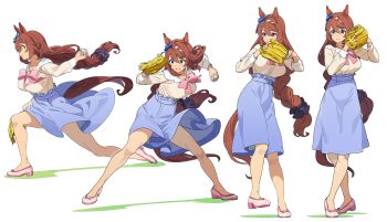 1girl animal_ears ball baseball baseball_(object) baseball_glove blue_bow blue_eyes blue_skirt blush bow braid breasts brown_hair closed_mouth ear_bow hair_between_eyes highres holding horse_ears horse_girl horse_tail large_breasts long_hair long_sleeves multicolored_hair nishiki_kazue parted_lips pink_bow pink_shoes pitching shirt shoes skirt streaked_hair super_creek_(casual)_(umamusume) super_creek_(umamusume) tail umamusume very_long_hair white_hair