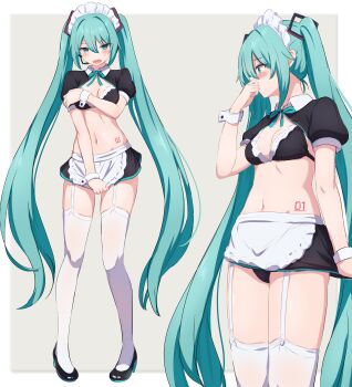 1girl absurdres aqua_eyes aqua_hair bikini black_panties breasts commentary_request embarrassed garter_straps hatsune_miku headset highres long_hair maid maid_bikini maid_headdress multiple_views navel panties ruttse small_breasts swimsuit thighhighs twintails unconventional_maid underwear very_long_hair vocaloid white_thighhighs