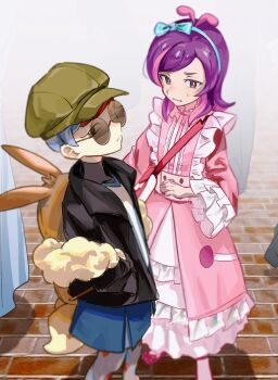 2girls antenna_hair backpack bag black_jacket blue_skirt blurry bow_hairband bright_pupils brown_bag closed_mouth commentary_request copituji dot_(pokemon) dress green_hat grey_eyes hairband hat highres jacket long_hair long_sleeves multiple_girls nintendo open_clothes open_jacket pantyhose penny_(pokemon) pokemon pokemon_(anime) pokemon_horizons purple_eyes purple_hair round_eyewear shirt shoes skirt standing sunglasses sweatdrop white_pupils white_shirt