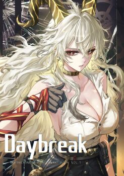 1girl absurdres ahoge arm_strap bare_shoulders black_choker black_gloves black_horns black_pants breasts bright_pupils choker cleavage collarbone comiket_107 commentary_request cover cover_page curled_horns earrings gloves grey_hair hair_between_eyes hand_up high-waist_pants highres horns jewelry key_earrings large_breasts long_hair looking_at_viewer mole mole_on_breast mole_under_eye necktie necktie_around_wrists pants parted_lips red_eyes red_necktie shirt shirt_tucked_in solo title torn_clothes torn_shirt white_pupils white_shirt wuthering_waves yoru_shiki zani_(wuthering_waves)