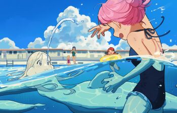6+girls :i blonde_hair blue_eyes blue_hair blue_one-piece_swimsuit blue_sky building carol_cao caustics cloud colored_skin commentary cumulonimbus_cloud day dolphin_girl fins green_one-piece_swimsuit hair_bun halterneck highres monster_girl multiple_girls one-piece_swimsuit open_mouth original partially_underwater_shot pink_hair pool pool_ladder purple_one-piece_swimsuit red_hair sky spitting swim_ring swimsuit symbol-only_commentary water white_hair white_skin