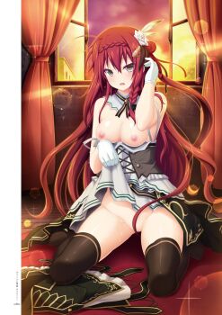 1girl black_thighhighs braid breasts choker clothes_lift convenient_censoring crown_braid curtains dress dress_lift evening feather_hair_ornament feathers female_focus flower grey_eyes hair_between_eyes hair_censor hair_flower hair_ornament hair_over_crotch hairclip highres indoors kami_no_rhapsody kneeling lavirie_interude lens_flare lifting_own_clothes long_hair looking_at_viewer medium_breasts nipples open_mouth open_window pull red_hair shiny_skin short_dress sleeveless sleeveless_dress solo sparkle thighhighs very_long_hair white_dress white_feathers white_flower window yano_mitsuki_(nanairo)