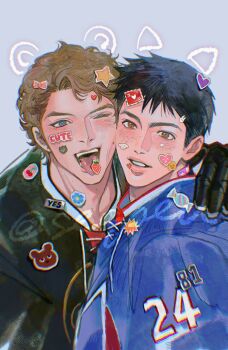 2boys black_hair blush brown_hair cheek-to-cheek commentary english_commentary freckles heads_together heated_rivalry highres hockey_uniform ilya_rozanov lips looking_at_viewer male_focus multiple_boys ngop one_eye_closed open_mouth parted_lips shane_hollander short_hair sticker teeth tongue tongue_out too_many_stickers upper_body