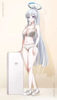 Rule 34 | 1girl, absurdres, alternate hairstyle, bare arms, bare legs, bare shoulders, blue archive, blush, bra, breasts, bucho sama, closed mouth, halo, highres, large breasts, long hair, long legs, looking at viewer, navel, noa (blue archive), panties, ponytail, purple eyes, shoes, sidelocks, smile, socks, solo, stomach, underwear, underwear only, white bra, white halo, white panties, white shoes, white socks