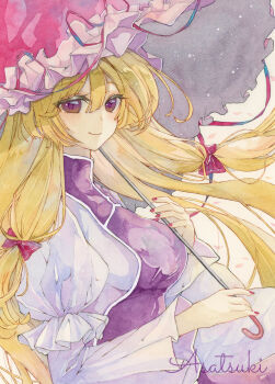 1girl absurdres asatsuki_no_e blonde_hair blush bow breasts cherry_blossoms commentary dress falling_petals fingernails floating_hair frilled_umbrella frills hair_bow highres holding holding_umbrella long_hair long_sleeves looking_at_viewer medium_breasts nail_polish painting_(medium) petals purple_eyes purple_tabard red_bow red_nails signature smile solo tabard touhou traditional_media umbrella upper_body very_long_hair watercolor_(medium) white_dress yakumo_yukari