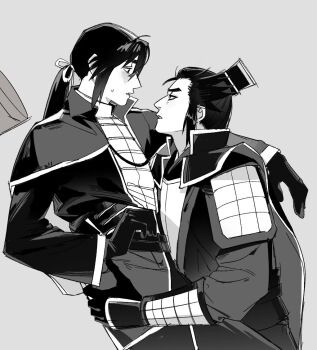 2boys arm_around_shoulder armor black_gloves black_hair blush cao_cao_(shin_sangoku_musou) chinese_armor chinese_clothes commentary_request gloves grey_background greyscale hair_between_eyes hair_ribbon hand_on_another's_hip hat long_hair looking_at_another male_focus monochrome multiple_boys p3ach0520 parted_lips ponytail ribbon shin_sangoku_musou shin_sangoku_musou_origins short_hair shoulder_armor sidelocks sweatdrop unworn_hat unworn_headwear upper_body xun_yu_(shin_sangoku_musou) yaoi
