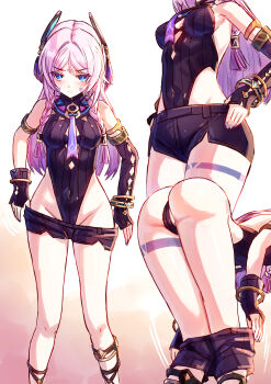 1girl absurdres ass black_gloves black_leotard black_shorts blue_eyes breasts citlali_(genshin_impact) clothes_pull commentary english_commentary facial_mark fingerless_gloves floating_headgear genshin_impact gloves headgear highres jimpu6 leotard long_hair looking_at_viewer micro_shorts multiple_views pink_hair shorts shorts_pull small_breasts triangle triangle_facial_mark very_long_hair