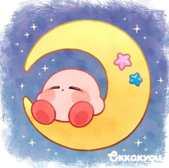 :o blush_stickers closed_eyes commentary crescent_moon highres kirby kirby_(series) moon nintendo no_humans open_mouth signature sleeping solo star_(sky) starry_sky_background tokkakyou