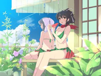 2girls :o architecture armpit_crease asuka_(senran_kagura) back bare_shoulders barefoot bikini black_hair blue_eyes blue_flower blue_sky blush bow bowl breasts brown_eyes city cityscape cleavage closed_eyes collarbone contrail curtains day east_asian_architecture eating flower flower_pot food food_print from_behind fruit fruit_print game_cg garden green_bikini green_sarong grey_hair hair_bow hair_ribbon holding holding_food large_breasts lattice lens_flare light_particles light_rays linea_alba looking_at_viewer looking_back median_furrow medium_hair multicolored_bikini multiple_girls navel official_alternate_costume official_art open_mouth outdoors pink_flower plant plate ponytail porch potted_plant print_bikini print_sarong purple_flower red_bikini red_scarf ribbon rock sarong scarf senran_kagura senran_kagura_new_link shade shiny_skin short_hair short_ponytail sidelocks sitting sky smile string_bikini striped_bow sunbeam sunlight sweat swimsuit two-tone_bikini watermelon watermelon_print watermelon_slice watermelon_slice_print white_bow white_ribbon wooden_porch yumi_(senran_kagura)