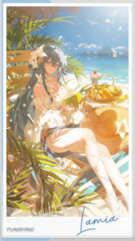 1girl absurdres anklet bead_anklet bead_necklace beads blue_hair blue_pupils braid breasts character_name clam cleavage closed_mouth cloud coconut commentary copyright_name crossed_bangs cup day english_commentary flower flower_on_head foot_out_of_frame fruit_basket fruit_cup hair_beads hair_between_eyes hair_ornament hands_up hat hat_flower highres holding holding_cup jewelry lamia_(pgr) large_breasts long_hair midriff_peek navel necklace ocean off-shoulder_shirt off_shoulder official_art outdoors plant polaroid_photo punishing:_gray_raven purple_eyes shirt single_braid sitting sky smile solo starfish_hair_ornament straw_hat thighs very_long_hair water white_flower white_shirt