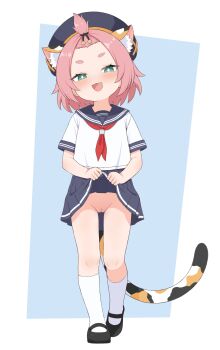 1girl absurdres animal_ear_fluff animal_ears cat_ears cat_girl cat_tail clothes_lift commission diona_(genshin_impact) genshin_impact green_eyes hat highres lifting_own_clothes loli no_panties open_mouth pink_hair pixiv_commission pussy school_uniform serafuku shoes short_hair skirt skirt_lift socks solo tail tooteki white_socks