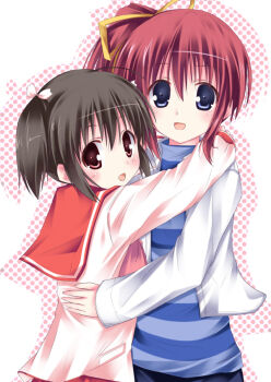 00s 2girls ahoge black_hair blue_eyes blush brown_eyes comic_party company_connection creator_connection hair_ribbon hisae_(hisae_collect) hug leaf_(studio) multiple_girls open_mouth ponytail red_hair ribbon school_uniform serafuku short_hair short_twintails smile striped takase_mizuki to_heart_(series) to_heart_2 twintails yuzuhara_konomi