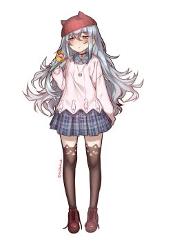 1girl alternate_costume animal_ear_legwear animal_hat artist_name bsapricot cat_cap cat_ear_legwear cat_ear_thighhighs cat_thighhighs crepe drowsy female_focus food g11_(girls&#039;_frontline) girls&#039;_frontline grey_background hat highres holding_crepe holding_food kneehighs long_hair pleated_skirt shoes skirt sleepy socks solo woollen_cap