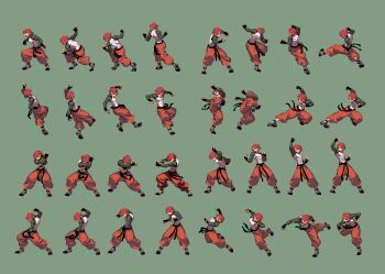 1boy baggy_pants boots fighting_stance fingerless_gloves gloves hinukan_kou kicking kou_(yatagarasu) male_focus muscular pants pixel_art poses raglan_sleeves red_hair short_hair solo sprite_sheet tomoyuki_kotani uppercut yatagarasu_(game)