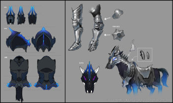 armor artist_name axe barding black_fur blue_eyes blue_tail breastplate caesty commentary_request company_name concept_art copyright_notice counter cuirass cuisses dated_commentary english_text extra_eyes fake_horns faulds glowing glowing_eyes gothic_plate_armor greaves grey_background helmet horns horse korean_commentary korean_text nexon odin_(tales_weaver) official_art pauldrons plate_armor poleyn purple_eyes reference_sheet rerebrace sabaton saddle shoulder_armor simple_background spiked_armor spikes tales_weaver translation_request vambraces watermark web_address