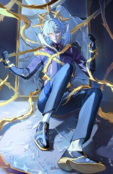 1boy absurdres artist_name black_gloves black_pants black_shoes blush broken_mirror commentary elbow_gloves english_commentary feathered_wings glass_shards gloves gold_trim grey_hair hair_between_eyes halo halo_behind_head hands_up head_wings highres honkai:_star_rail honkai_(series) long_sleeves looking_at_viewer male_focus medium_hair mirror moonya on_floor pants parted_lips plant purple_shirt shirt shoes signature sitting solo sunday_(honkai:_star_rail) tears thigh_strap torn_clothes torn_shirt vines white_wings wings yellow_eyes