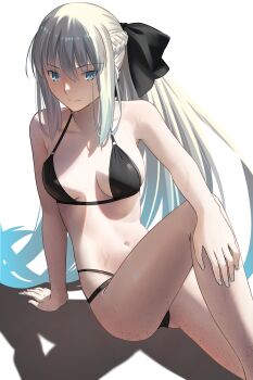 1girl absurdres bare_shoulders bikini black_bikini black_bow blue_eyes bow braid breasts cleavage fate/grand_order fate_(series) grey_hair hair_bow highres large_breasts long_hair longdq3008 looking_at_viewer morgan_le_fay_(fate) navel ponytail sidelocks smile solo swimsuit thighs very_long_hair