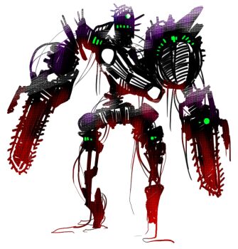 broken_wires chainsaw commentary damaged glowing joints looking_at_viewer machine mecha mecha_focus no_humans one-eyed original robot robot_joints sido_(slipknot) silhouette simple_background solo standing white_background wire