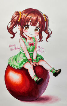 1girl absurdres black_shoes brown_eyes brown_hair cherry_print chibi chibi_only commentary_request cowboy_shot dated dress food_print fruit_print green_dress green_socks hair_tie happy_birthday highres idolmaster idolmaster_cinderella_girls marker_(medium) multi-source_commentary ogata_chieri print_dress shoes short_dress sitting sleeveless sleeveless_dress smile socks solmyr2000 solo traditional_media twintails v_arms