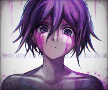 Rule 34 | 1boy, artist name, blood, blood on face, collarbone, danganronpa (series), danganronpa v3: killing harmony, english text, hair between eyes, highres, male focus, multicolored hair, oma kokichi, pink blood, pink hair, purple eyes, purple hair, solo, tearing up, two-tone hair, vixx (vixiolatte), white background