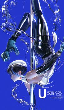 1girl beret black_hair blue_background blue_eyes blue_hair boots english_text floating_liquid from_side glasses hat highres kamen_rider kamen_rider_den-o_(series) lipstick_mark lipstick_mark_on_neck liquid looking_at_viewer m_a_e_u_m making-of_available multicolored_hair naomi_(kamen_rider_den-o) original pants platform_boots pole possessed possession shiny_clothes sideways_glance smile solo streaked_hair tight_clothes tight_pants two-tone_hair urataros white_hat