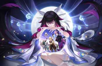 5boys 5girls absurdres aether_(genshin_impact) albedo_(genshin_impact) arlecchino_(genshin_impact) arm_up black_hair blonde_hair braid closed_eyes coat columbina_(genshin_impact) commentary_request crescent crop_top dragon_boy dragon_horns dragon_wings dress eye_mask full_moon gem genshin_impact gloves hair_between_eyes hair_intakes hair_ribbon halo hat head_wings highres horns lauma_(genshin_impact) long_hair mask mini_durin_(genshin_impact) mini_durin_(human)_(genshin_impact) moon multicolored_hair multiple_boys multiple_girls official_art own_hands_together paimon_(genshin_impact) pink_hair purple_hair red_eyes ribbon sandrone_(genshin_impact) scaramouche_(genshin_impact) scarf two-tone_hair varka_(genshin_impact) very_long_hair vision_(genshin_impact) wanderer_(genshin_impact) white_dress white_hair white_ribbon wings yellow_eyes