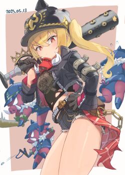 Rule 34 | 1girl, arm belt, baseball bat, belt, black belt, black gloves, black helmet, black shirt, blonde hair, blurry, blurry background, border, brass knuckles, breasts, brown background, chain, closed mouth, combat helmet, commentary request, cropped jacket, cropped shirt, crossed bangs, dated, gloves, grey belt, grey jacket, grey shorts, hair between eyes, hand on own hip, helmet, highres, jacket, legs, long sleeves, looking at viewer, luciana de montefio, lucy's crew (zenless zone zero), mask, metal baseball bat, midriff, mochihuman, mouth mask, one side up, open clothes, open jacket, orange eyes, over shoulder, pickelhaube, shirt, short shorts, shorts, side ponytail, small breasts, solo, spiked jacket, thighs, unworn mask, weapon, weapon over shoulder, white border, zenless zone zero