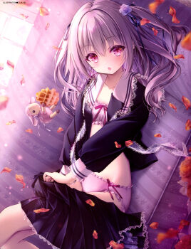 Rule 34 | 1girl, :o, absurdres, artist name, blue shirt, blue skirt, bra, breasts, collarbone, couch, cowboy shot, dengeki moeoh, dutch angle, falling petals, flower, frilled bra, frilled panties, frills, hair between eyes, hair flower, hair intakes, hair ornament, hair ribbon, hair spread out, highres, indoors, lace, lace-trimmed skirt, lace trim, light blush, long hair, long sleeves, looking at viewer, lying, magazine scan, miniskirt, on back, on couch, open clothes, open mouth, open shirt, original, panties, petals, pink bra, pink eyes, pink panties, pleated skirt, purple hair, purple ribbon, raised eyebrows, red flower, red petals, ribbon, sailor collar, scan, school uniform, shirt, skirt, small breasts, solo, third-party source, tinker bell (pixiv 10956015), two side up, underwear, undressing