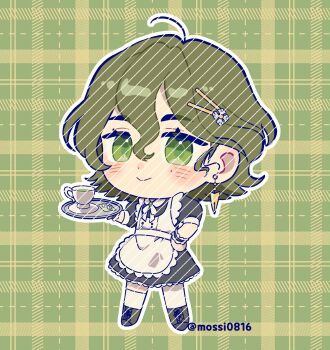 Rule 34 | 1girl, :>, alternate costume, apron, black dress, black wrist cuffs, blush, boots, brown boots, brown hair, chibi, cup, dress, earrings, full body, green background, green eyes, hand on own hip, hashtag-only commentary, highres, holding, holding tray, jewelry, legs apart, maid, mole, mole under eye, mossi (mossi0816), neck ribbon, pantyhose, plaid background, recoleta (reverse:1999), reverse:1999, ribbon, short dress, short sleeves, single leg pantyhose, single thighhigh, smile, solo, standing, sugar cube, teacup, thighhighs, tray, twitter username, white apron, white pantyhose, white ribbon, white thighhighs, wrist cuffs