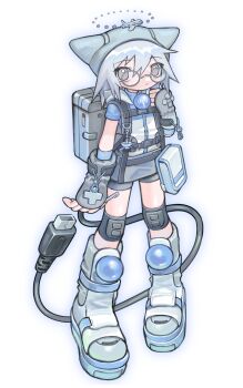1girl absurdres backpack bag boots borrowed_character cable cable_tail chibi commission commissioner_upload fingerless_gloves glasses gloves grey_eyes grey_shorts grey_skirt haka-baka handheld_game_console hat highres holding holding_stylus hood hood_down knee_boots knee_pads looking_at_viewer mechanical_tail medium_hair multiple_views non-web_source original round_eyewear satchel shorts skeb_commission skirt smile stylus tail turtleneck twitter_username white_boots white_hair