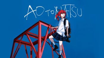 1girl :o ahoge alternate_costume backpack bag binoculars black_eyes blue_sky breast_pocket collared_shirt day drill_hair hair_between_eyes highres holding kasane_teto ladder miniskirt monocle parody pleated_skirt pocket red_hair samsap school_uniform shirt skirt sky solid_oval_eyes solo striped_clothes striped_shirt twin_drills utau white_shirt wing_collar