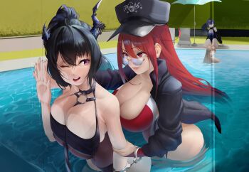 Rule 34 | 4girls, absurdres, against fourth wall, against glass, ahoge, arm strap, arrest, asymmetrical horns, black hair, black jacket, black one-piece swimsuit, blue eyes, blue hair, blue one-piece swimsuit, braid, breast press, breasts, breasts on glass, brown eyes, brown hair, chain, chain headband, cheek squash, cleavage, cleavage cutout, clothing cutout, colored inner hair, cuffs, demon horns, elizabeth rose bloodflame, elizabeth rose bloodflame (holonatsu paradise), feather hair ornament, feathers, flower, hair intakes, hair ornament, hand on glass, handcuffs, hat, highleg, highleg one-piece swimsuit, highres, holding, hololive, hololive english, horn flower, horns, jacket, large breasts, lifeguard, long hair, looking at viewer, mole, mole under eye, multicolored hair, multiple girls, nanashi mumei, nerissa ravencroft, nerissa ravencroft (holonatsu paradise), nikatsun, official alternate costume, official alternate hairstyle, one-piece swimsuit, open mouth, ouro kronii, ouro kronii (holonatsu paradise), police hat, ponytail, red eyes, red hair, red one-piece swimsuit, side-tie one-piece swimsuit, smile, streaked hair, swimsuit, thigh strap, two-tone hair, uneven horns, very long hair, virtual youtuber, white hair