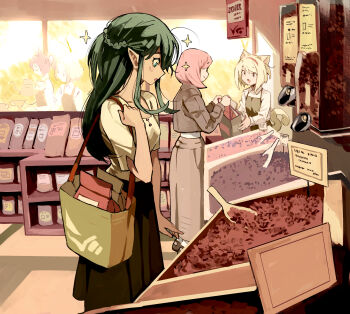 5girls animal_ears apron artist_name bag black_hair black_skirt blonde_hair blue_eyes braid brown_apron brown_jacket cat_ears cat_girl cat_tail clip_studio_paint_(medium) coffee_beans commentary_request dark_skin eudetenis half_up_half_down_braid highres indoors jacket long_hair long_skirt long_sleeves looking_at_food multiple_girls open_mouth original pink_hair pointy_ears shirt shop shopping short_hair short_sleeves shoulder_bag sign skirt slice_of_life sparkle standing tail warm_colored white_shirt yellow_shirt