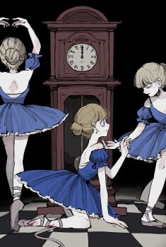 absurdres analog_clock ballerina ballet ballet_slippers black_background blonde_hair blood blue_eyes checkered_floor clock curtsey dancing en_pointe grandfather_clock highres injury original pale_skin pantyhose pendulum_clock roman_numeral satou_uzura sweatdrop tiptoes tutu