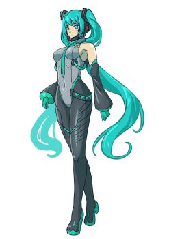 1girl aqua_eyes aqua_hair aqua_necktie bare_shoulders black_pantyhose breasts commentary detached_sleeves full_body grey_leotard hatsune_miku headset high_heels highres ibuki_sakura_(sgw_v07) leotard long_hair navel necktie pantyhose simple_background solo tachi-e twintails vocaloid white_background