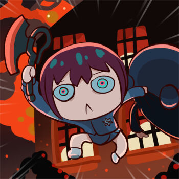 2girls amate_yuzuriha axe black_hair burning burning_building dark-skinned_female dark_skin double_bun dress fire gundam gundam_gquuuuuux hair_bun heat_hawk holding holding_axe holding_weapon jacket lalah_sune long_sleeves lowres multiple_girls n-master red_hair short_hair skirt smoke weapon