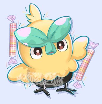 Rule 34 | beak, bird, browt, candy, commentary, english commentary, feathers, food, gen 10 pokemon, highres, looking at viewer, mostlyskin, nintendo, no humans, open mouth, pokemon, pokemon (creature), pokemon focus, solo, talons, wings, yellow feathers