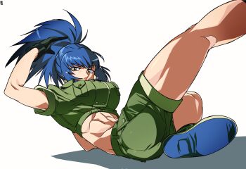 1girl ass blue_hair breasts female_focus fighterlv1 huge_breasts large_breasts leona_heidern long_hair military muscular pale_skin pants ponytail the_king_of_fighters thick_thighs thighs toned toned_female yellow_eyes