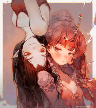 2girls adventure_time animification bite_mark black_hair breasts cleavage closed_mouth commentary derivative_work dress duplicate english_commentary fang fang_out kawacy looking_at_another marceline_abadeer multiple_girls official_alternate_hairstyle pink_hair pixel-perfect_duplicate pointy_ears princess_bonnibel_bubblegum rotational_symmetry smile tank_top tiara upper_body upside-down vampire yuri