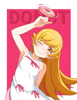 1girl ;) absurdres arm_behind_back arm_up blonde_hair blue_komett blush_stickers border closed_mouth commentary donut dress english_commentary fang food highres index_finger_raised leaning_to_the_side long_hair looking_at_viewer monogatari_(series) one_eye_closed oshino_shinobu outside_border pink_background pointy_ears skin_fang sleeveless sleeveless_dress smile solo sundress text_background upper_body very_long_hair white_border white_dress yellow_eyes