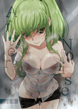 1girl against_glass bare_shoulders black_skirt blush breast_press breasts breasts_on_glass breath c.c. cleavage closed_mouth clothes_pull code_geass collarbone cowboy_shot creayus dress_shirt green_hair grey_background groin hair_between_eyes hair_over_breasts hand_on_glass large_breasts leaning_forward long_hair looking_at_viewer nipples no_bra off-shoulder_shirt off_shoulder partially_unbuttoned shirt short_sleeves sidelocks simple_background skirt skirt_pull standing wet yellow_eyes