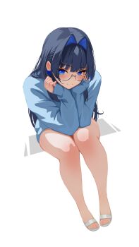 1girl black_hair blue_eyes blue_hair blue_sweater breasts closed_mouth colored_inner_hair full_body hair_intakes head_rest highres hololive hololive_english large_breasts looking_at_viewer multicolored_hair no_pants official_alternate_hairstyle ouro_kronii sansha_art shirt simple_background sitting sleeves_past_wrists solo sweater virtual_youtuber white_background