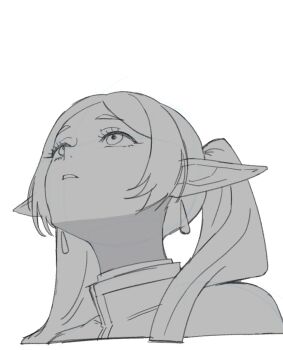 1girl commentary cropped_shoulders earrings elf english_commentary frieren greyscale hair_over_shoulder head_back jewelry kuso_otoko lineart long_pointy_ears looking_up monochrome parted_bangs parted_lips pointy_ears simple_background sketch solo sousou_no_frieren teardrop_earrings twintails upper_body upward_angle_frieren_drawing white_background