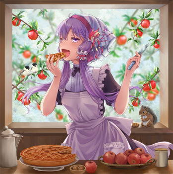 1girl animal apple apple_tree apron bird bow bowtie cake coffee_pot eating female_focus food fruit headscarf headwear_request holding holding_knife knife kogaran looking_at_viewer open_mouth puffy_short_sleeves puffy_sleeves purple_eyes purple_hair purple_headscarf short_hair_with_long_locks short_sleeves solo squirrel table tree twintails upper_body vocaloid voiceroid walnut window yuzuki_yukari