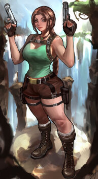 1girl belt boots braid breasts brown_eyes brown_hair cleavage fingerless_gloves gloves gun handgun highres holding holding_gun holding_weapon holster jewelry lara_croft large_breasts lips long_hair looking_at_viewer necklace orion-m ponytail shorts solo tank_top thick_thighs thighs tomb_raider water waterfall weapon