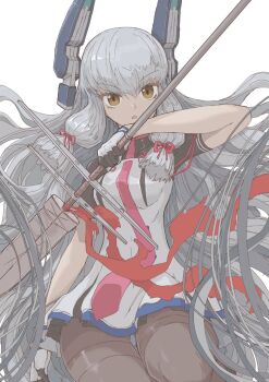 Rule 34 | 1girl, boushi-ya, breasts, dress, floating headgear, gloves, grey hair, hair between eyes, hair ribbon, headgear, highres, holding, holding weapon, kantai collection, long hair, looking at viewer, murakumo (kancolle), murakumo kai ni (kancolle), necktie, pantyhose, parted lips, pink necktie, ribbon, short sleeves, sidelocks, simple background, small breasts, solo, thighband pantyhose, tress ribbon, very long hair, weapon, white background, yellow eyes